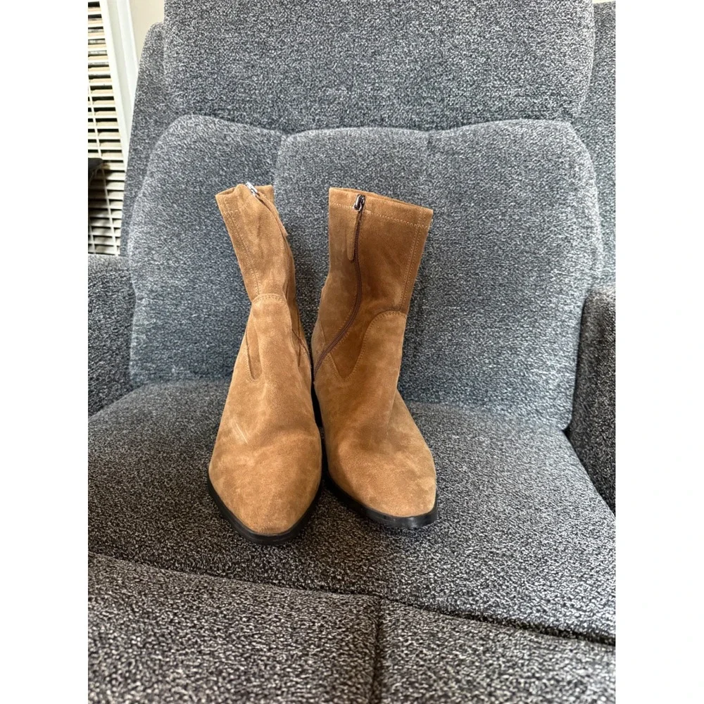 ZARA‎ Tan Suede Block Heel Ankle Boots Side Zip Pointed Toe Women Size 40